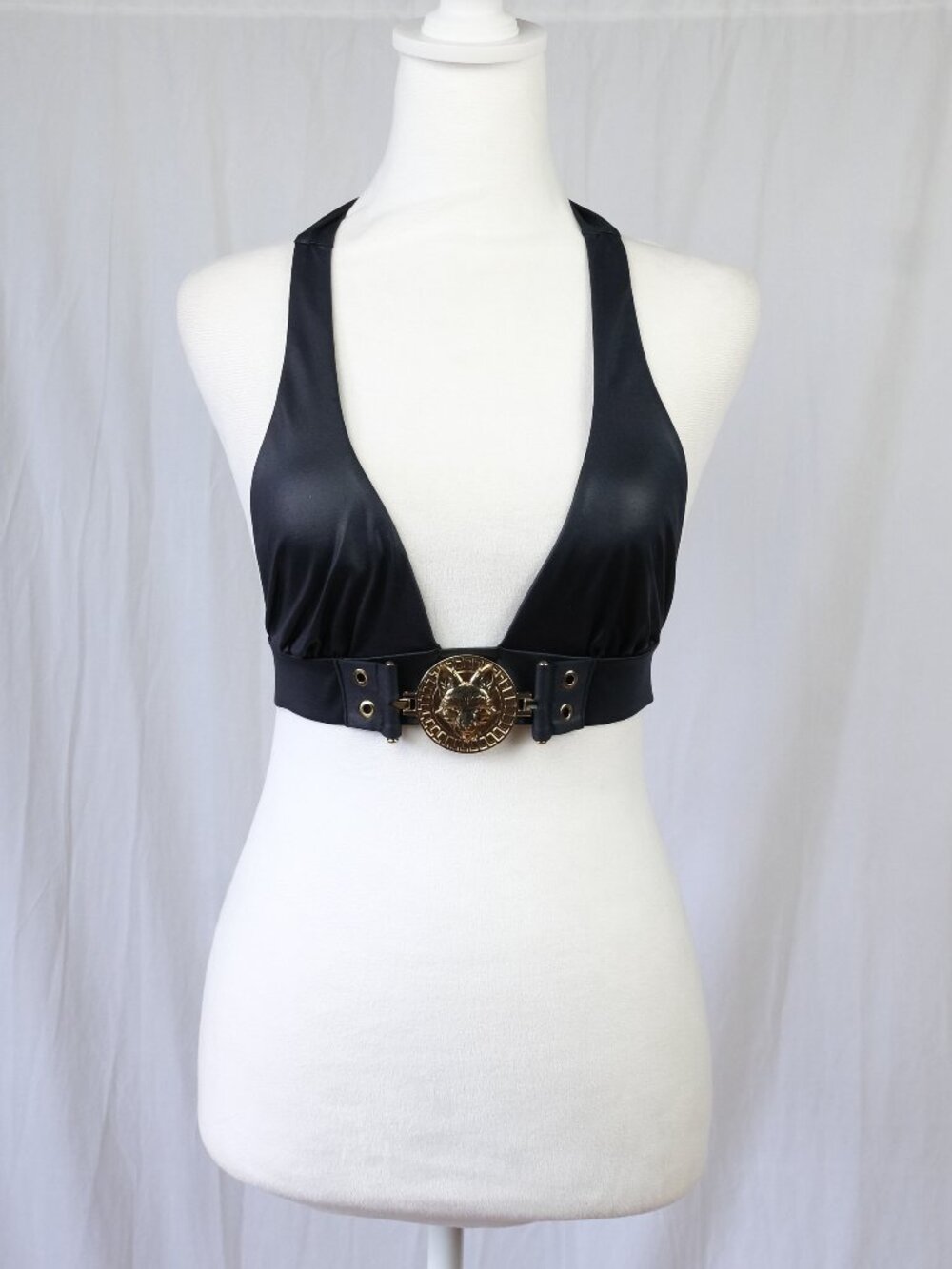 Honey Birdette Black Bikini Top Satin Gold Lion Medallion Size S